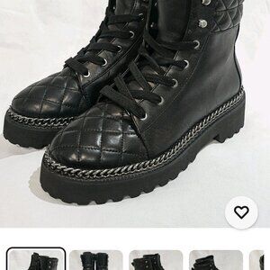 Vince Camuto 'Joanie' Quilted Black Leather Lace Up Combat Boots, featuring a di